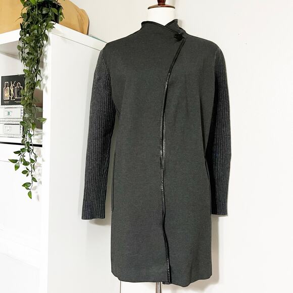 Lafayette 148 New York Grey Ribbed Sleeves Open Front Cardigan Jacket Size Small - Picture 2 of 9